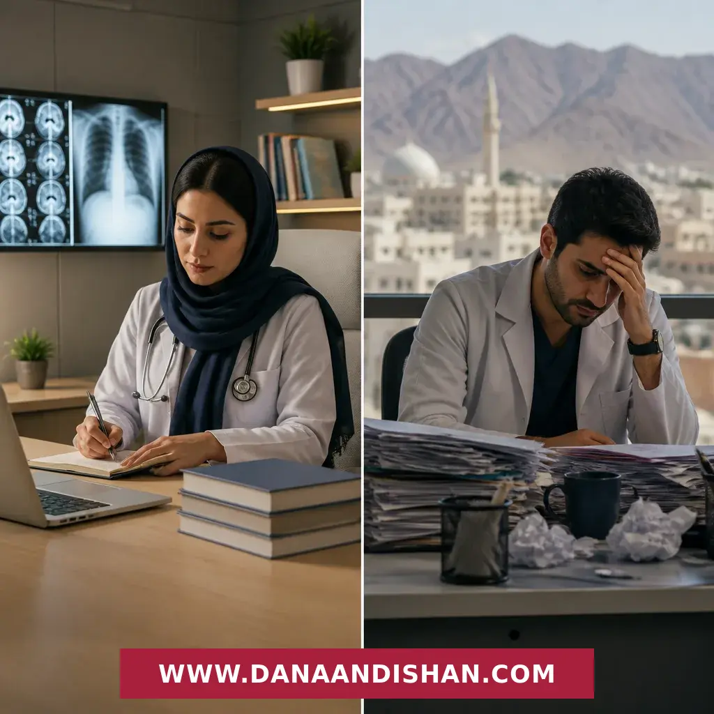 نمای فرایند تصمیم‌گیری پزشک برای مجوز و کاریابی در عمان