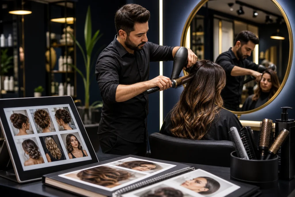 آرایشگر حرفه‌ای در حال آماده‌سازی اطلاعات و نمونه‌کار برای بررسی بازار کار مسقط