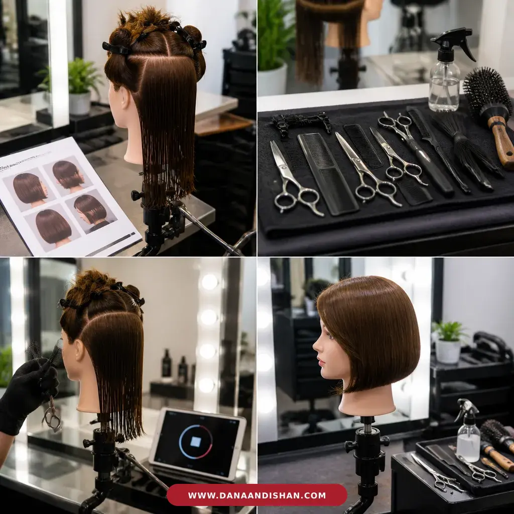 نمایش چهار محور ارزیابی در مصاحبه آرایشگری شامل مهارت، نظم، زمان و بررسی نهایی