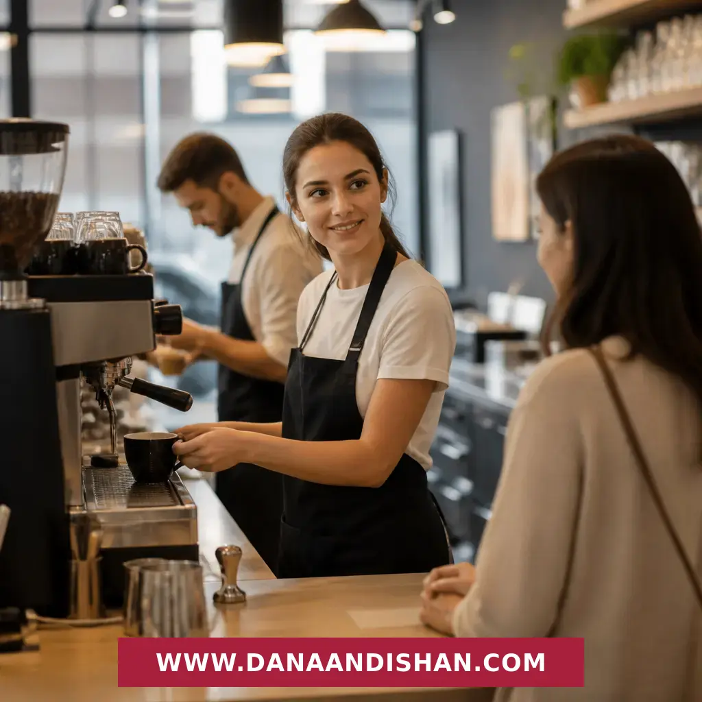 باریستا در شیفت شلوغ کافه با تمرکز و برخورد حرفه‌ای