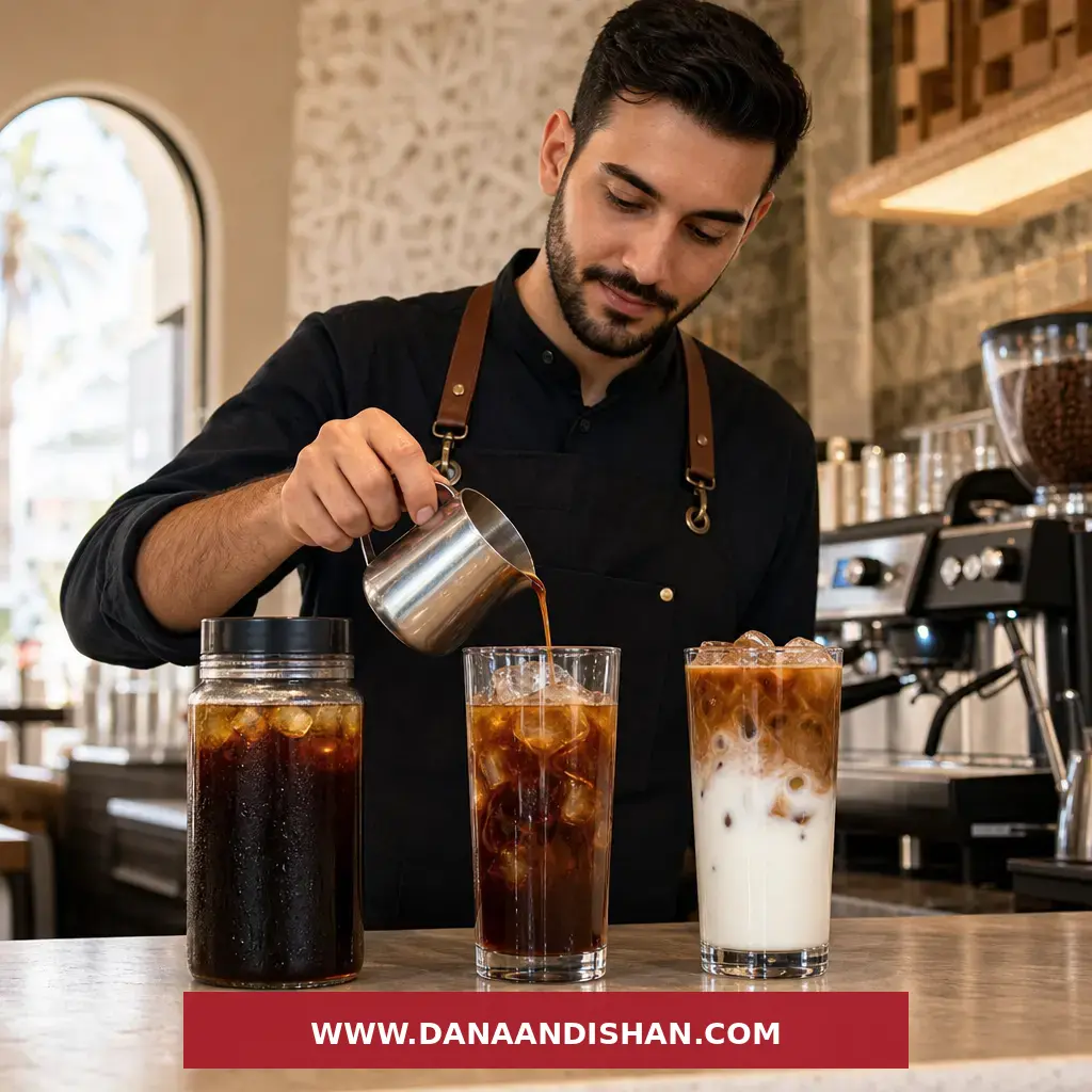 نمای مقایسه‌ای سه نوشیدنی کلد برو، آیس آمریکانو و آیس لاته روی بار کافه