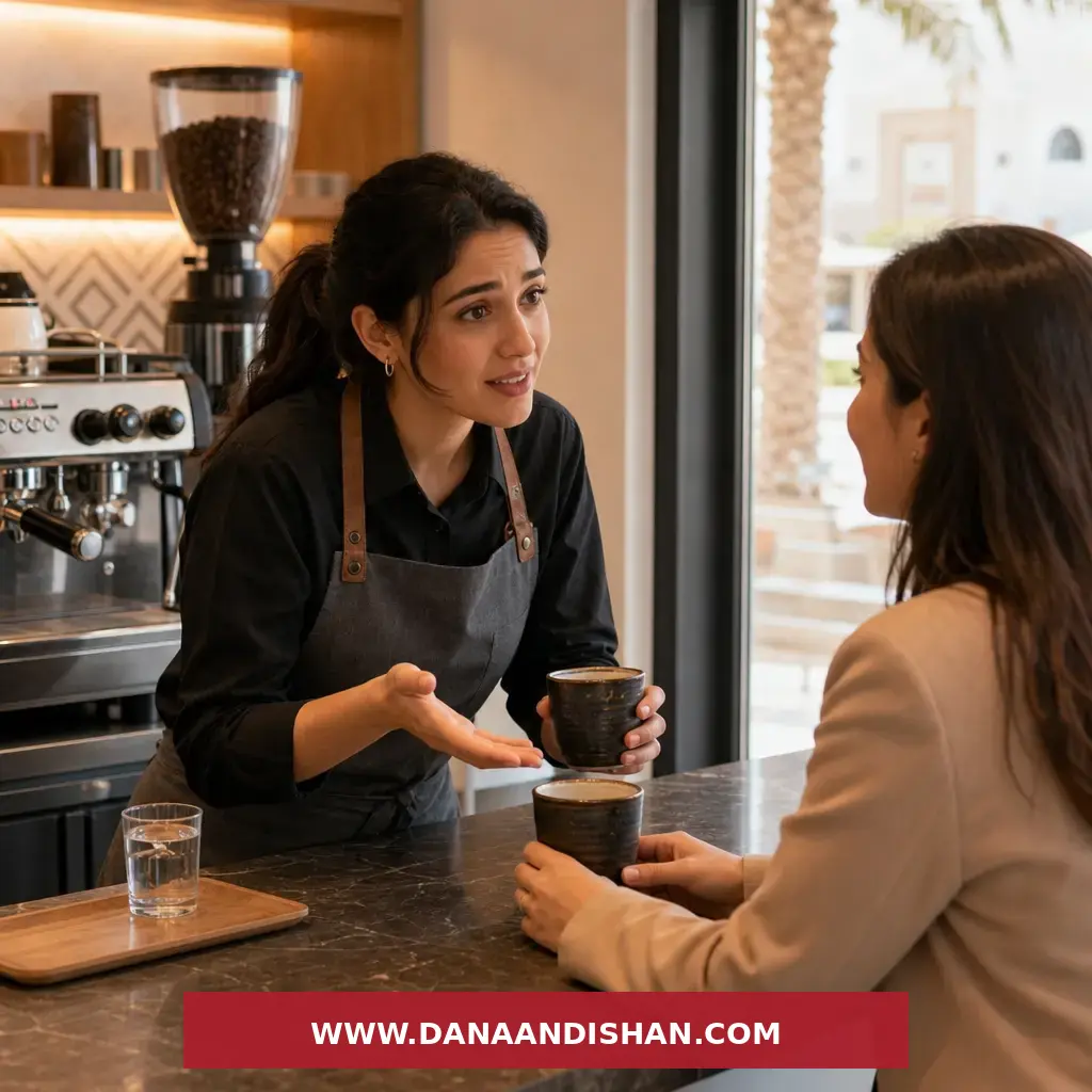 باریستا در حال رسیدگی آرام به اشتباه سفارش مشتری در کافه