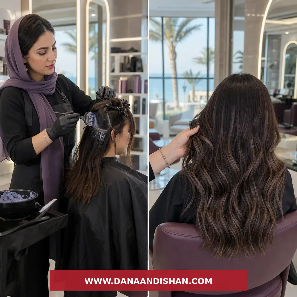 رنگ مو بدون دکلره برای عمان؛ نمای آموزشی اجرای رنگ روی موی تیره با بازتاب قهوه‌ای